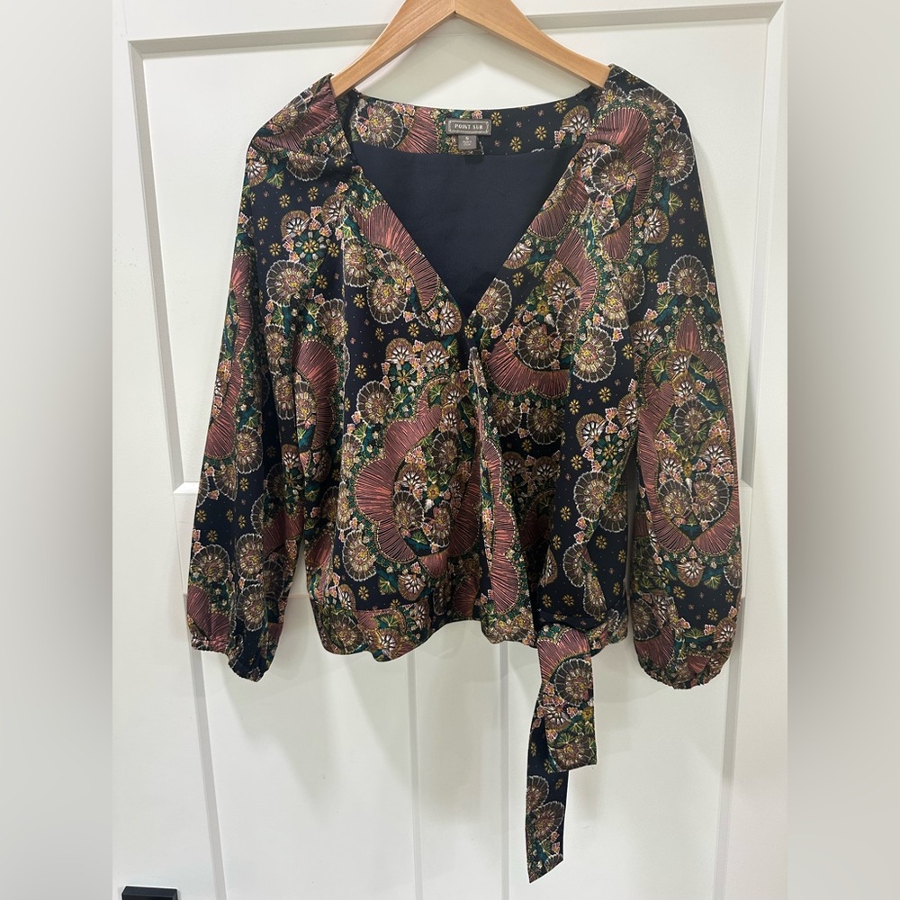 J. Crew Black Floral Tie-Front Blouse with Pink and Green Accents